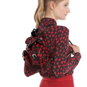 RED Valentino Black Leather Mini Backpack with Red Heart Print